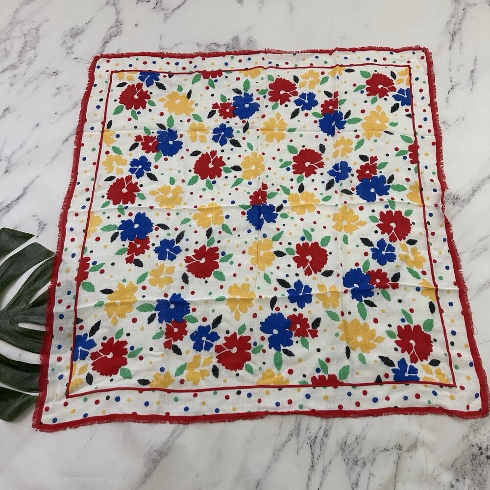 Womens Vintage 80s Square Scarf Red Blue Floral Polka Dot Large Primary Light